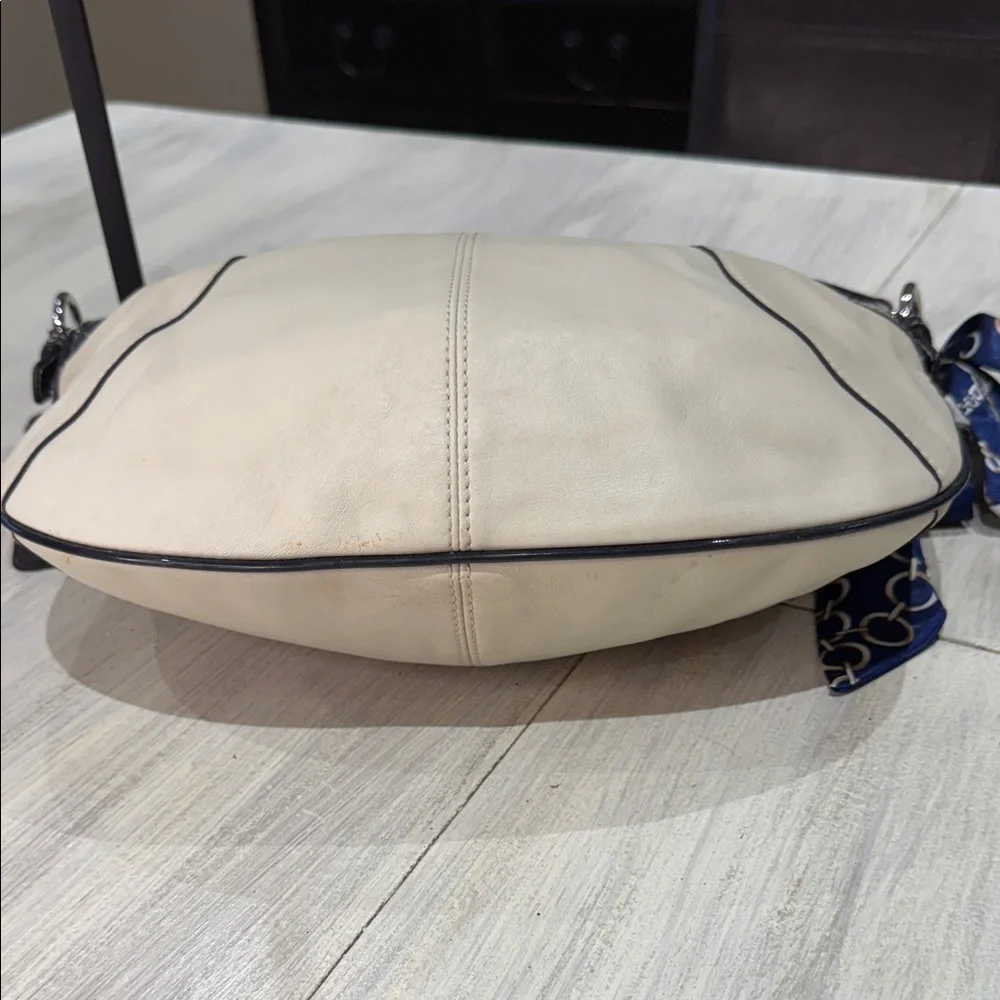 Coach Beige and Patent Dark Navy Shoulder Bag